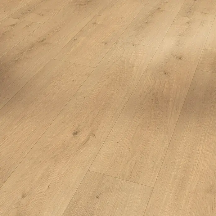 Parador Designbodenmuster Modular ONE Eiche Pure Natur - 200 x 194 x 8 mm, Landhausdiele - Helle Holzoptik: Das Laminat präsentiert sich in warmen, natürlichen Farbtönen und einer realistischen Holzstruktur für ein gemütliches Ambiente.