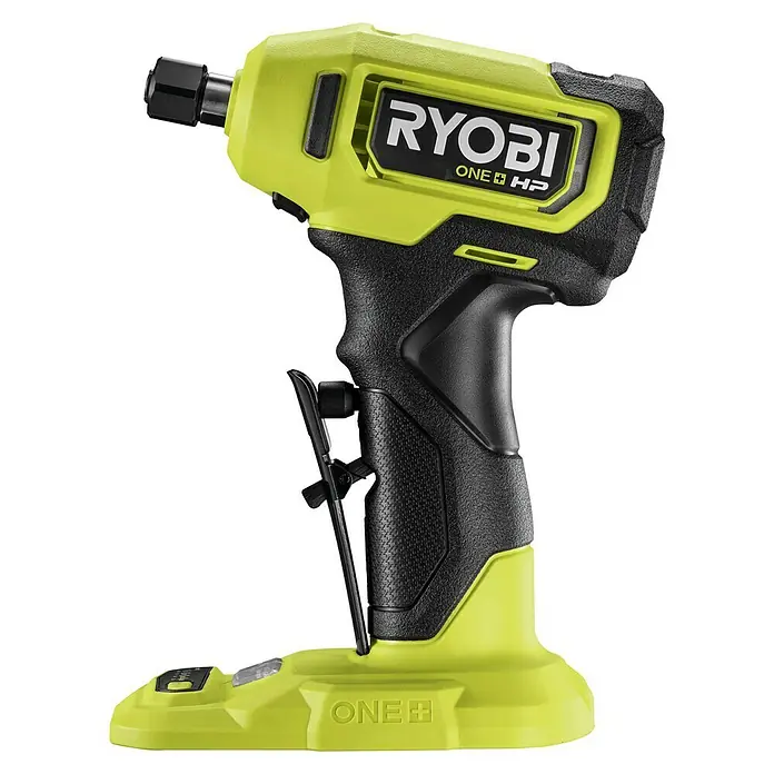 Ryobi ONE+HP Akku-Geradschleifer RDG18C-0 - Ohne Akku, Leerlaufdrehzahl: 0 U/min - 22.500 U/min - Das Bild zeigt einen Akku-Kompressor von Ryobi One+, ideal für den mobilen Einsatz. Perfekt für kleine Aufpumpaufgaben, leicht und handlich.