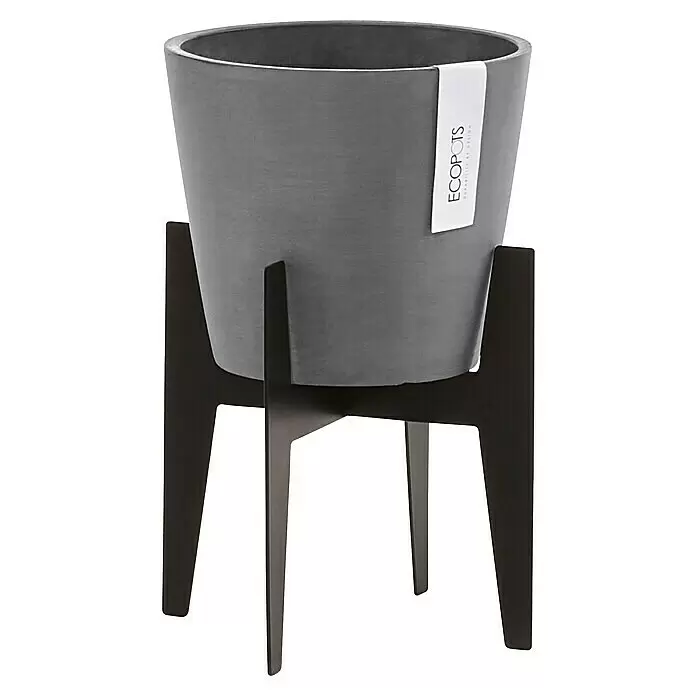 Ecopots Standfuß On Stilts - Passend für: Amsterdam 20, Rotterdam 20, Schwarz, 20 cm - Grauer Pflanztopf auf einem schwarzen Ständer.