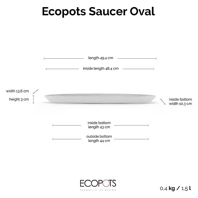 Ecopots Sofia Blumentopf-Untersetzer Lang - Außenmaß (L x B x H): 48,4 x 10,3 x 3 cm, Kunststoff, Weiß - Weißer ovaler Untersetzer für Pflanztöpfe, mit Maßangaben zur Länge, Breite und Höhe.