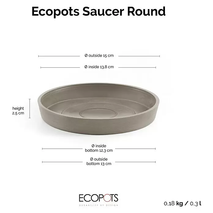 Ecopots Amsterdam Blumentopf-Untersetzer - Außenmaß (Ø x H): 15 x 2,5 cm, Kunststoff, Braungrau - Eine runde, graue Ecopots Pflanzenuntertasse, zum Auffangen von Wasser.