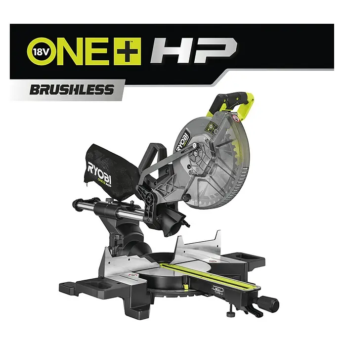 Ryobi ONE+HP Akku-Kapp- & Gehrungssäge RMS25418X-0 - 18 V, Ohne Akku, 4.100 U/min - Ryobi ONE+ HP 18V Akku-Kapp- und Gehrungssäge mit bürstenlosem Motor für präzise Schnitte und hohe Leistung.