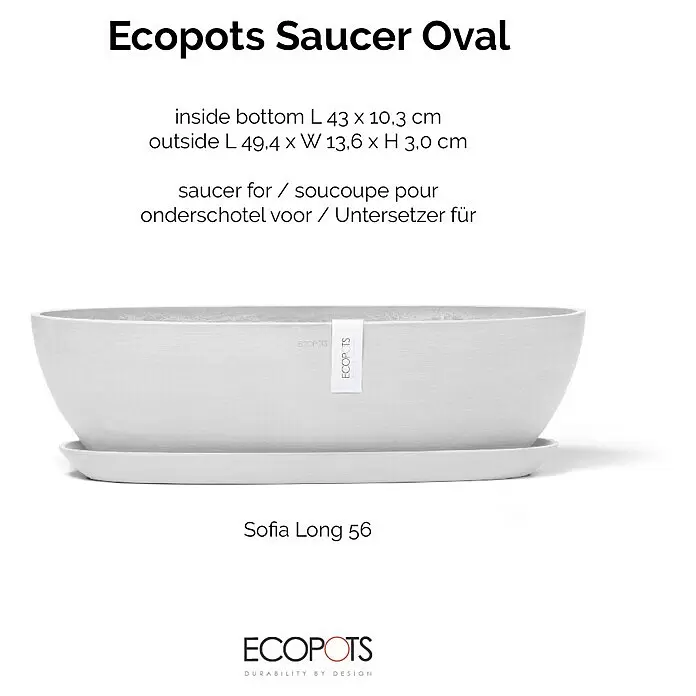 Ecopots Sofia Blumentopf-Untersetzer Lang - Außenmaß (L x B x H): 48,4 x 10,3 x 3 cm, Kunststoff, Weiß - Hellgrauer Ecopots Untersetzer, oval, für Pflanzgefäße, 49,4 x 13,6 x 3,0 cm.