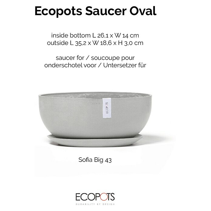 Ecopots Sofia Blumentopf-Untersetzer Breit (Außenmaß (L x B x H): 35,2 x 18,6 x 3 cm, Kunststoff, Weißgrau) | BAUHAUS