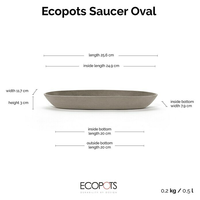 Ecopots Sofia Blumentopf-Untersetzer Oval (Außenmaß (L x B x H): 25,6 x 11,7 x 3 cm, Kunststoff, Braungrau) | BAUHAUS