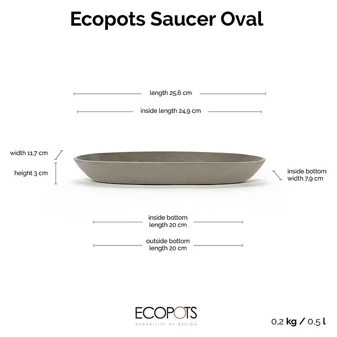 Ecopots Sofia Blumentopf-Untersetzer Oval - Außenmaß (L x B x H): 24,9 x 7,9 x 3 cm, Kunststoff, Braungrau - Ovaler grauer Ecopots Untersetzer, mit Maßen abgebildet.