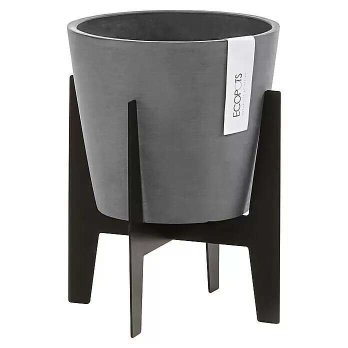 Ecopots Standfuß On Stilts - Passend für: Amsterdam 20, Rotterdam 20, Schwarz, 20 cm - Grauer Pflanztopf auf schwarzem Ständer.
