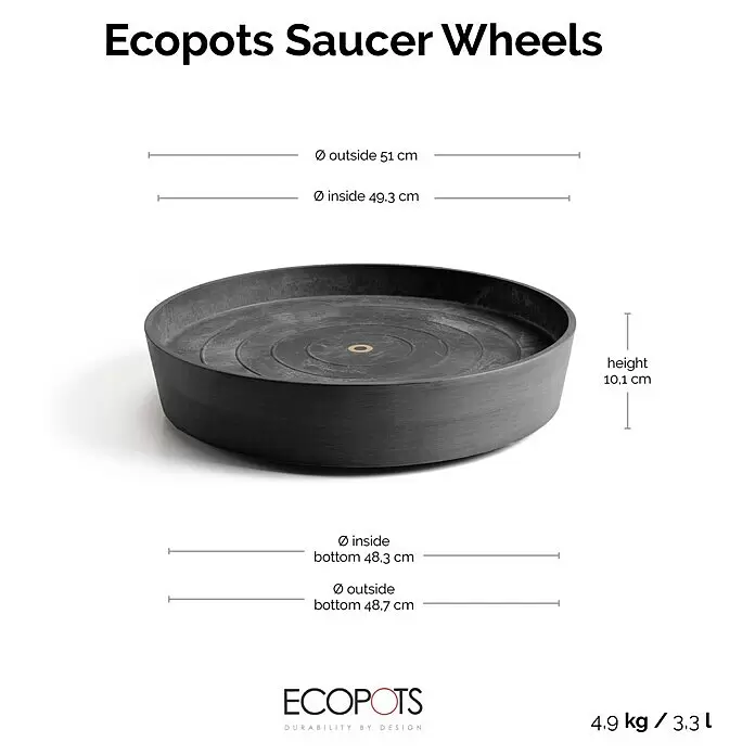 Ecopots Amsterdam Blumentopf-Untersetzer mit Rollen - Außenmaß (Ø x H): 51 x 10,1 cm, Kunststoff, Dunkelgrau - Dunkelgrauer Ecopots Pflanzenroller mit Maßen.