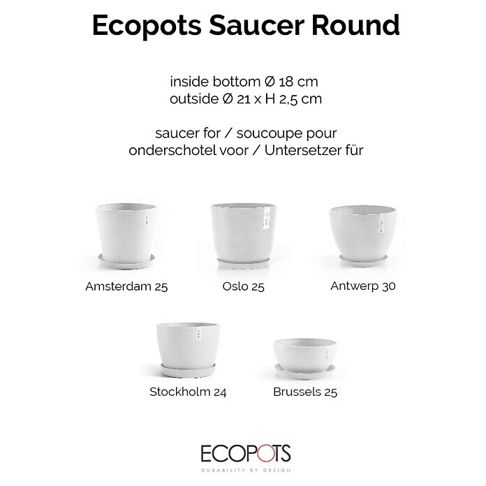 Ecopots Amsterdam Blumentopf-Untersetzer (Außenmaß (Ø x H): 19,5 x 2,5 cm, Kunststoff, Weiß) | BAUHAUS