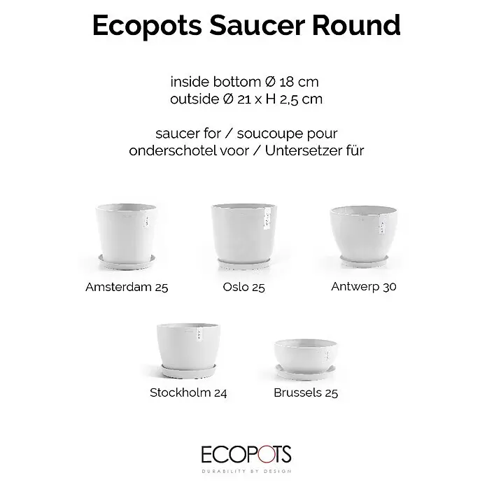 Ecopots Amsterdam Blumentopf-Untersetzer - Außenmaß (Ø x H): 19,5 x 2,5 cm, Kunststoff, Weiß - Hellgrauer, runder Ecopots Untersetzer mit Maßen Ø 18/21 cm, abgebildet mit passenden Pflanzgefäßen.