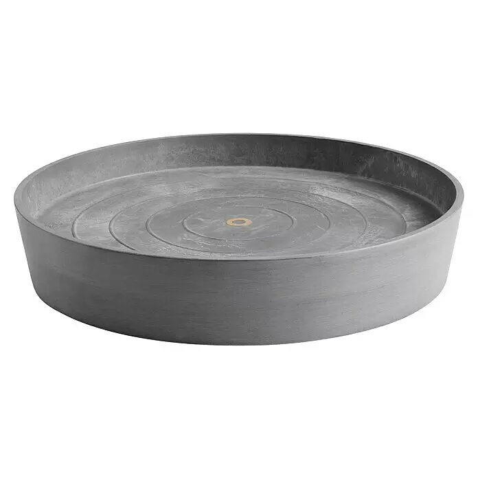 Ecopots Amsterdam Blumentopf-Untersetzer mit Rollen - Außenmaß (Ø x H): 51 x 10,1 cm, Kunststoff, Grau - Graues rundes Tablett in Betonoptik mit konzentrischen Ringen und Golddetails.