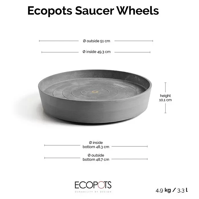 Ecopots Amsterdam Blumentopf-Untersetzer mit Rollen - Außenmaß (Ø x H): 51 x 10,1 cm, Kunststoff, Grau - Rundes, graues Ecopots Pflanzenuntersetzer mit Rollen.