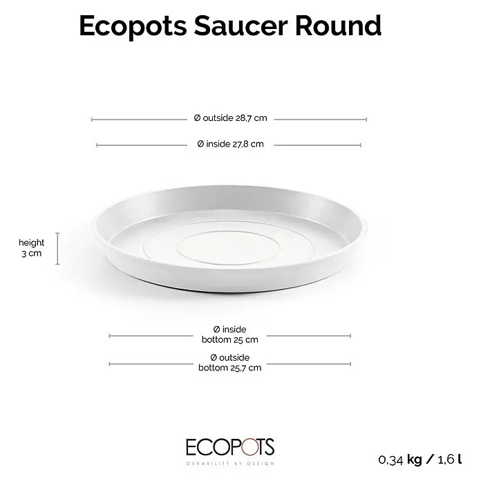 Ecopots Amsterdam Blumentopf-Untersetzer - Außenmaß (Ø x H): 29 x 3 cm, Kunststoff, Weiß - Hellgrauer runder Ecopots Pflanztopfuntersetzer.