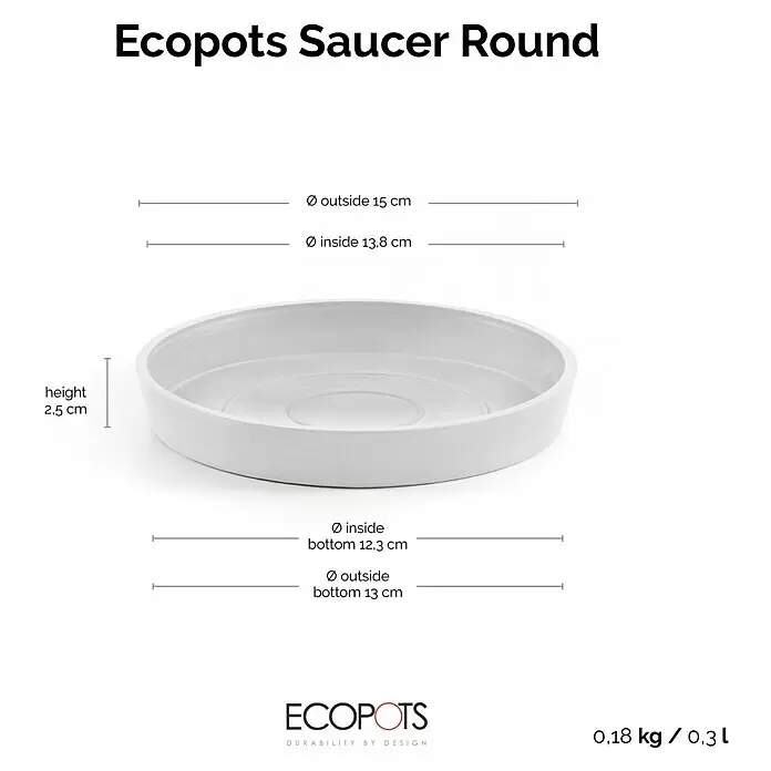 Ecopots Amsterdam Blumentopf-Untersetzer - Außenmaß (Ø x H): 15 x 2,5 cm, Kunststoff, Weiß - Weißes/hellgraues rundes Ecopots Untersetzer mit detaillierten Maßen und Gewicht.