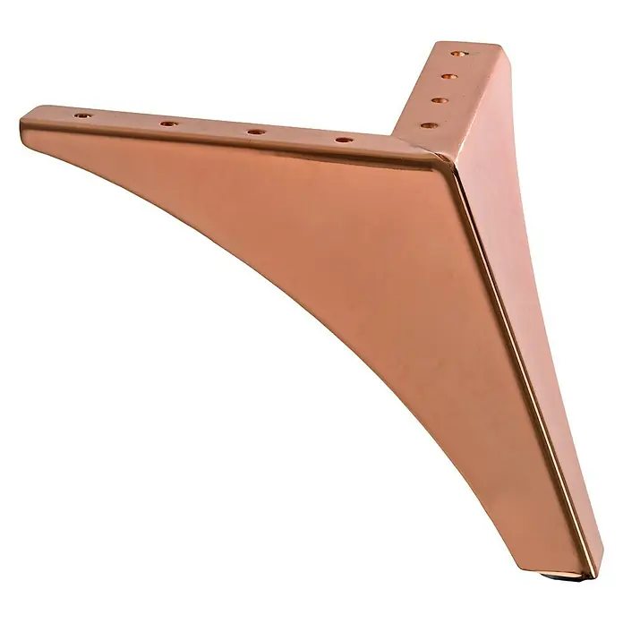 Hettich Möbelfuß Deva - L x B x H: 12 x 7,5 x 16 cm, Traglast: 50 kg, Stahl, Kupfer - Nahaufnahme eines einzelnen Möbelfußes aus glänzendem Kupfer mit Befestigungslöchern.