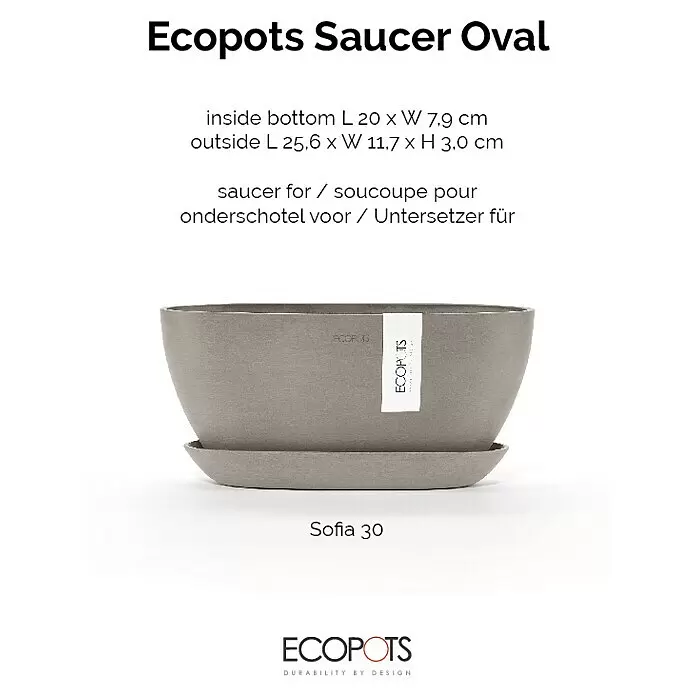 Ecopots Sofia Blumentopf-Untersetzer Oval - Außenmaß (L x B x H): 24,9 x 7,9 x 3 cm, Kunststoff, Braungrau - Grauer ovaler Ecopots Untersetzer, Modell Sofia 30.