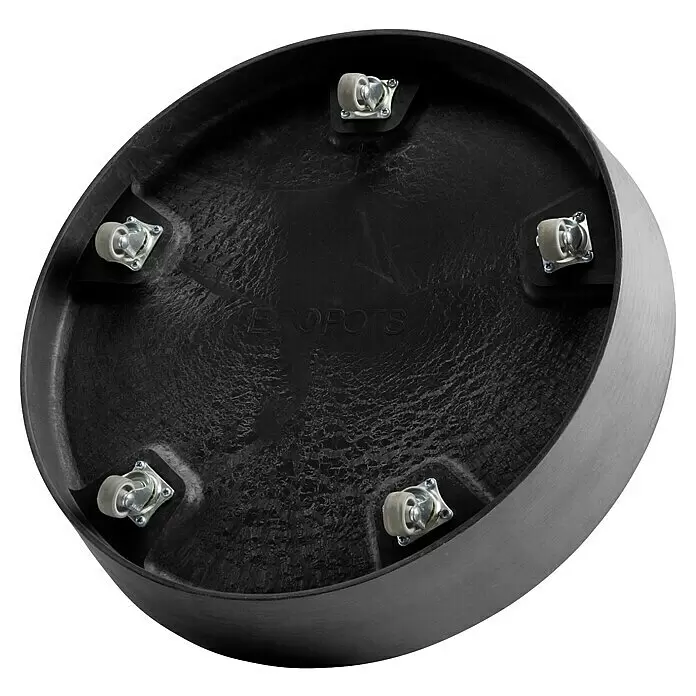 Ecopots Amsterdam Blumentopf-Untersetzer mit Rollen - Außenmaß (Ø x H): 51 x 10,1 cm, Kunststoff, Dunkelgrau - Runder, schwarzer Pflanzenroller mit texturierter Oberfläche, dunkelsilbernem Rand und fünf Rollen für leichte Pflanzenbewegung.