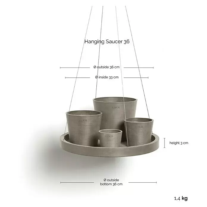Ecopots Blumenampel - Außenmaß (Ø x H): 36 x 3 cm, Kunststoff, Braungrau - Graue Hängeschale mit strukturierter Oberfläche, die mehrere Blumentöpfe hält.