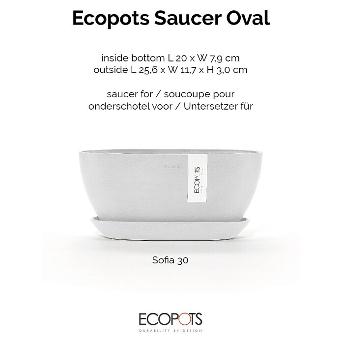 Ecopots Sofia Blumentopf-Untersetzer Oval (Außenmaß (L x B x H): 25,6 x 11,7 x 3 cm, Kunststoff, Weiß) | BAUHAUS