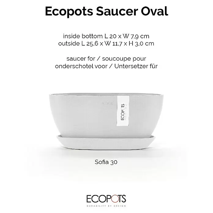 Ecopots Sofia Blumentopf-Untersetzer Oval - Außenmaß (L x B x H): 24,9 x 7,9 x 3 cm, Kunststoff, Weiß - Hellgrauer ovaler Ecopots Untersetzer mit passendem Topf.