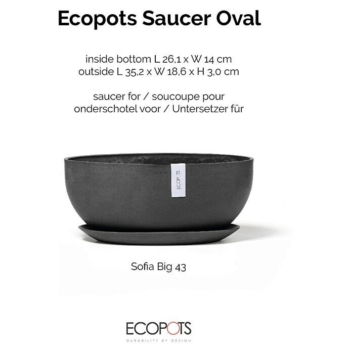 Ecopots Sofia Blumentopf-Untersetzer Breit (Außenmaß (L x B x H): 35,2 x 18,6 x 3 cm, Kunststoff, Dunkelgrau) | BAUHAUS