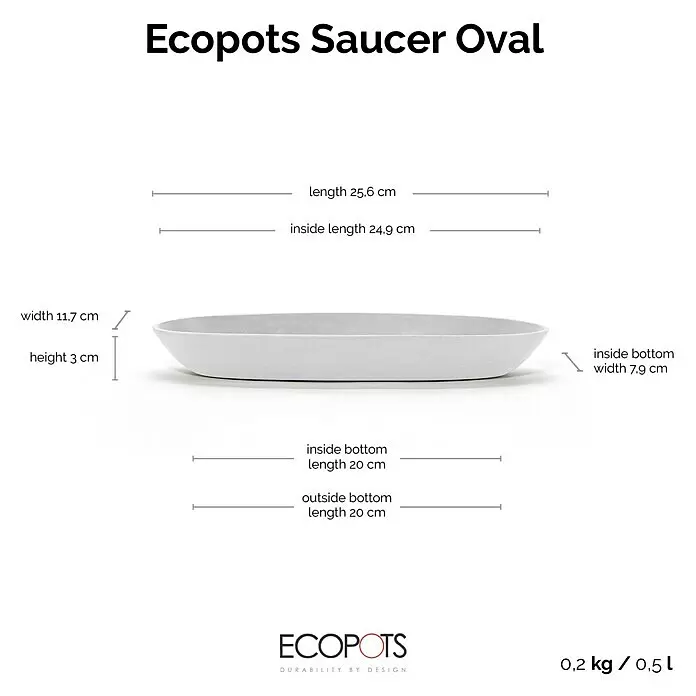 Ecopots Sofia Blumentopf-Untersetzer Oval - Außenmaß (L x B x H): 24,9 x 7,9 x 3 cm, Kunststoff, Weiß - Weißer ovaler Ecopots Untersetzer mit Maßen.