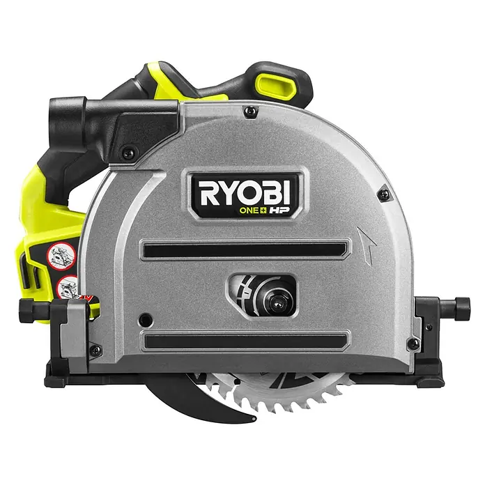 Ryobi ONE+HP Akku-Tauchsäge RPLS18X-0 - 18 V, Ohne Akku, Durchmesser Sägeblatt: 165 mm, Leerlaufdrehzahl: 4.300 U/min - Das Bild zeigt eine Ryobi ONE+ HP Akku-Kreissäge mit gut sichtbarem Sägeblatt und grauem Gehäuse.