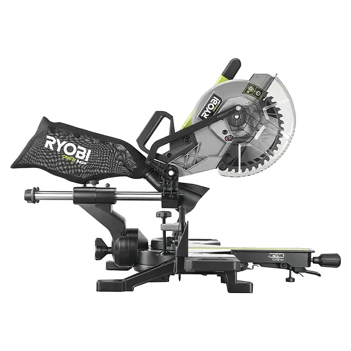 Ryobi ONE+HP Akku-Kapp- & Gehrungssäge RMS25418X-0 - 18 V, Ohne Akku, 4.100 U/min - Hier ist eine Ryobi ONE+ HP Akku-Kapp- und Gehrungssäge mit einem beigefügten Staubfangsack.
