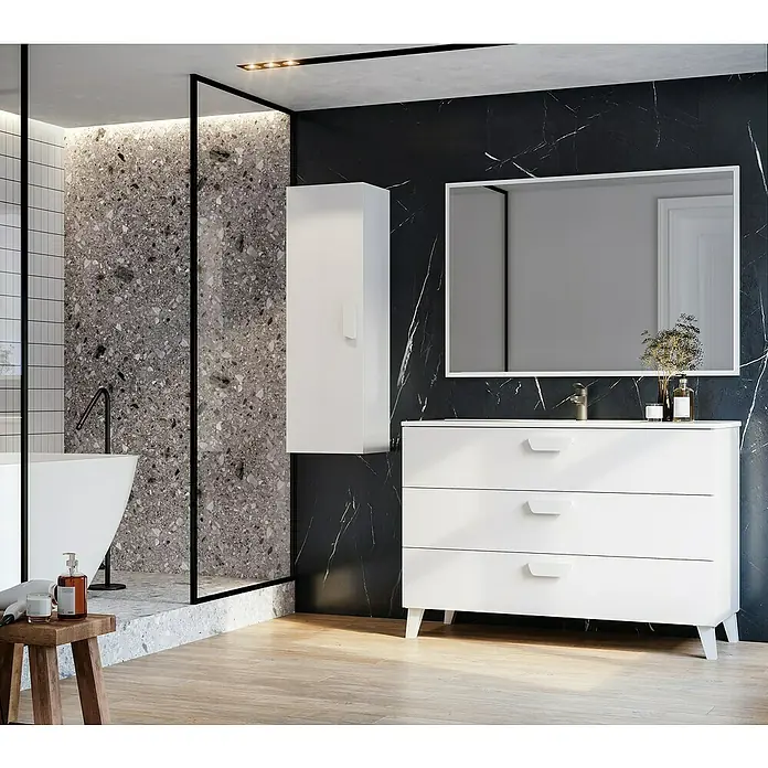 Mueble bajo de lavabo Sofía - L x An x Al: 46 x 120 x 84 cm, Blanco mate - Moderno baño con tocador blanco de tres cajones, espejo y armario alto. Diseño elegante para tu cuarto de baño.