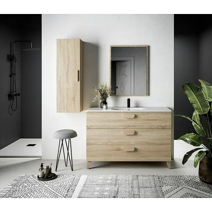 Mueble bajo de lavabo Sofía - L x An x Al: 46 x 120 x 84 cm, Roble bardolino - Interior de baño con mueble de lavabo de madera clara, armario colgante, espejo y elementos decorativos para un ambiente moderno.