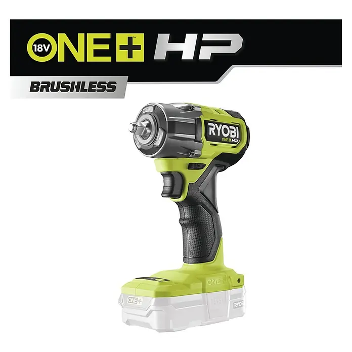 Ryobi ONE+HP Akku-Schlagschrauber RIW1838C-0 - 18 V, Ohne Akku, 450 Nm - Das Bild zeigt einen Akku-Schlagschrauber von Ryobi ONE+ HP. Ein leistungsstarkes Werkzeug für verschiedenste Schraubarbeiten mit Brushless-Motor.