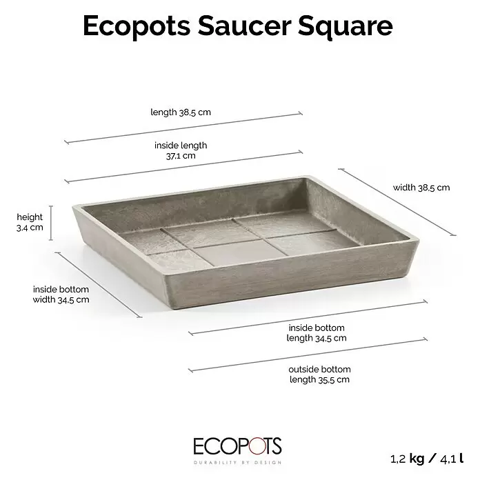 Ecopots Rotterdam Kasten-Untersetzer - 37,1 x 34,5 x 3,4 cm, Kunststoff, Braungrau - Grauer, quadratischer Ecopots Untersetzer mit Abmessungen.