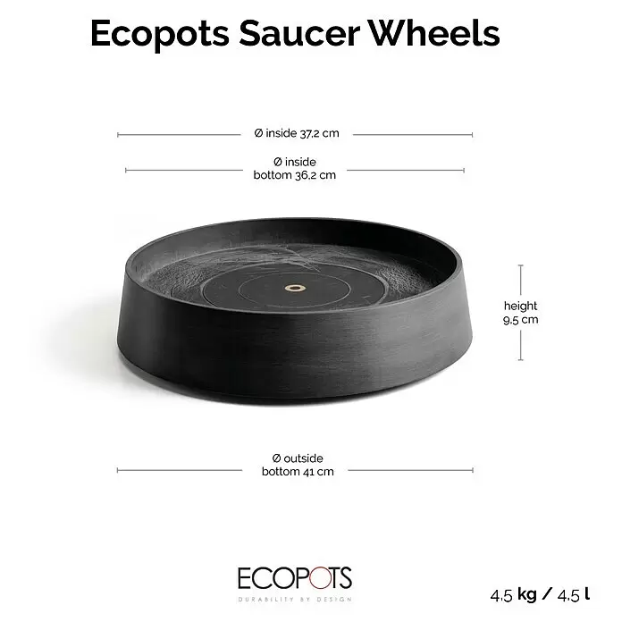 Ecopots Oslo Blumentopf-Untersetzer mit Rollen - Außenmaß (Ø x H): 41 x 9,5 cm, Kunststoff, Dunkelgrau - Dunkelgrauer Ecopots Untersetzer mit texturierter Oberfläche und Maßangaben für Durchmesser und Höhe.
