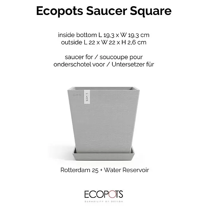 Ecopots Rotterdam Kasten-Untersetzer - 21 x 19,3 x 2,5 cm, Kunststoff, Weißgrau - Hellgrauer Ecopots quadratischer Untersetzer für Blumentöpfe, passend für Rotterdam 25.