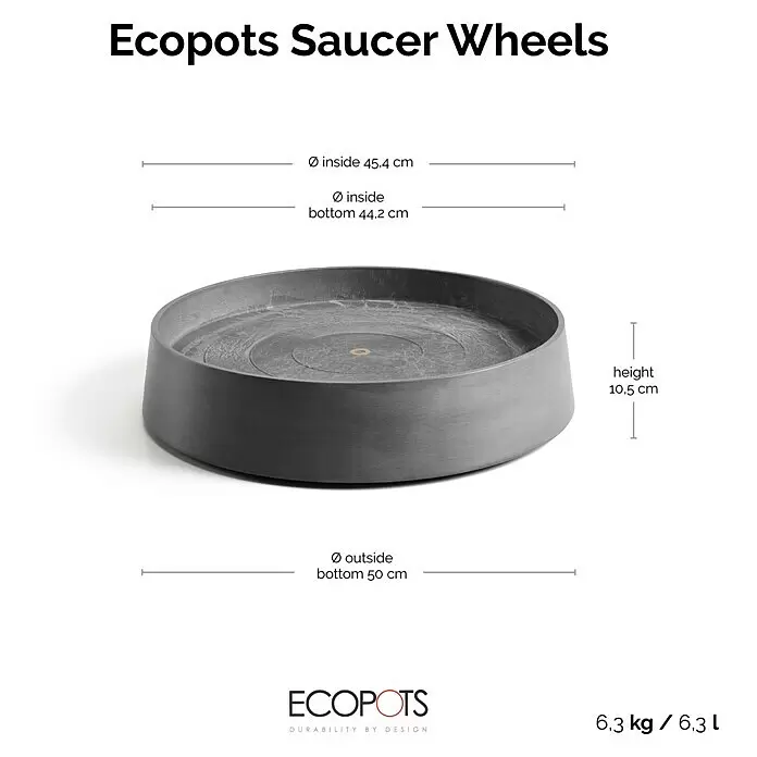 Ecopots Oslo Blumentopf-Untersetzer mit Rollen - Außenmaß (Ø x H): 50 x 10,5 cm, Kunststoff, Grau - Dunkelgraue Ecopots Untertasse mit Rollen.