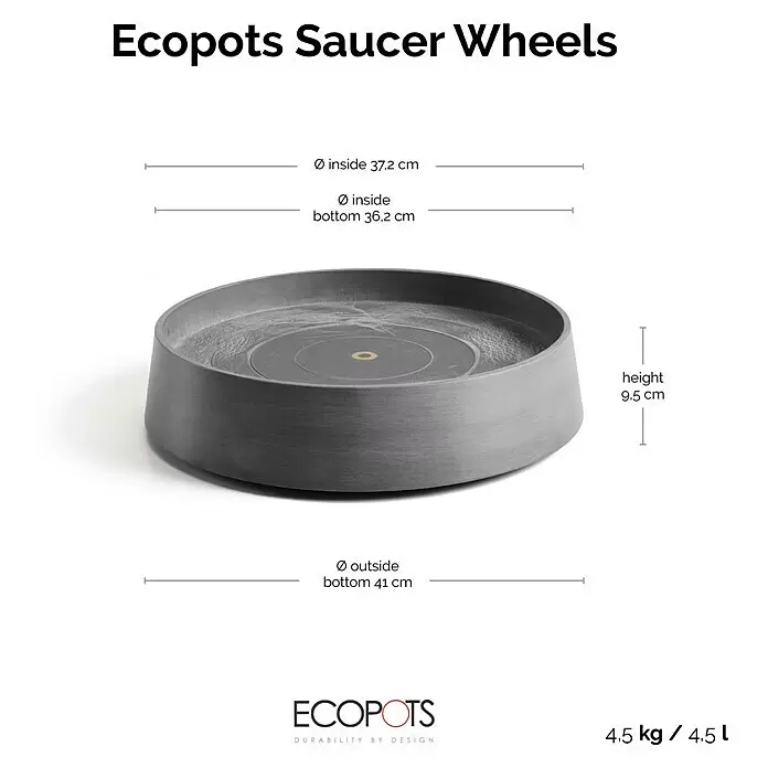 Ecopots Oslo Blumentopf-Untersetzer mit Rollen - Außenmaß (Ø x H): 41 x 9,5 cm, Kunststoff, Grau - Dunkelgrauer runder Ecopots Pflanzenuntersetzer. Maße: ca. 37,2 cm Innen-Ø, 9,5 cm Höhe, 4,5 kg Gewicht.