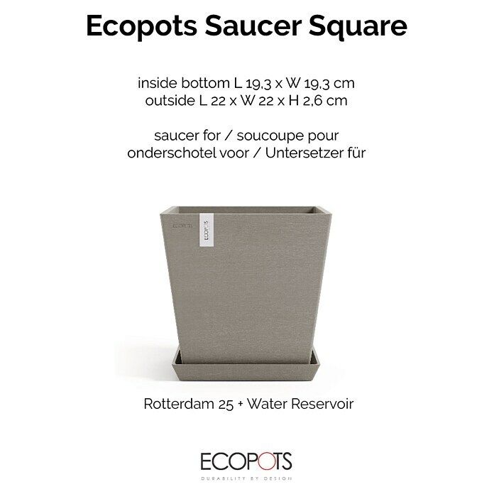 Ecopots Rotterdam Kasten-Untersetzer (22 cm x 22 cm x 2,5 mm, Kunststoff, Braungrau) | BAUHAUS