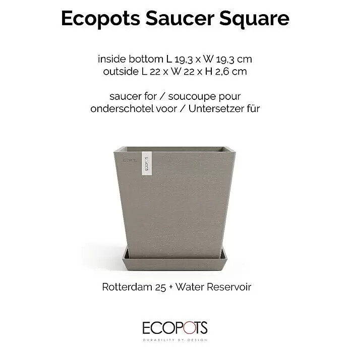 Ecopots Rotterdam Kasten-Untersetzer - 21 x 19,3 x 2,5 cm, Kunststoff, Braungrau - Grauer, strukturierter quadratischer Ecopots Untersetzer mit passendem Ecopots Pflanztopf.
