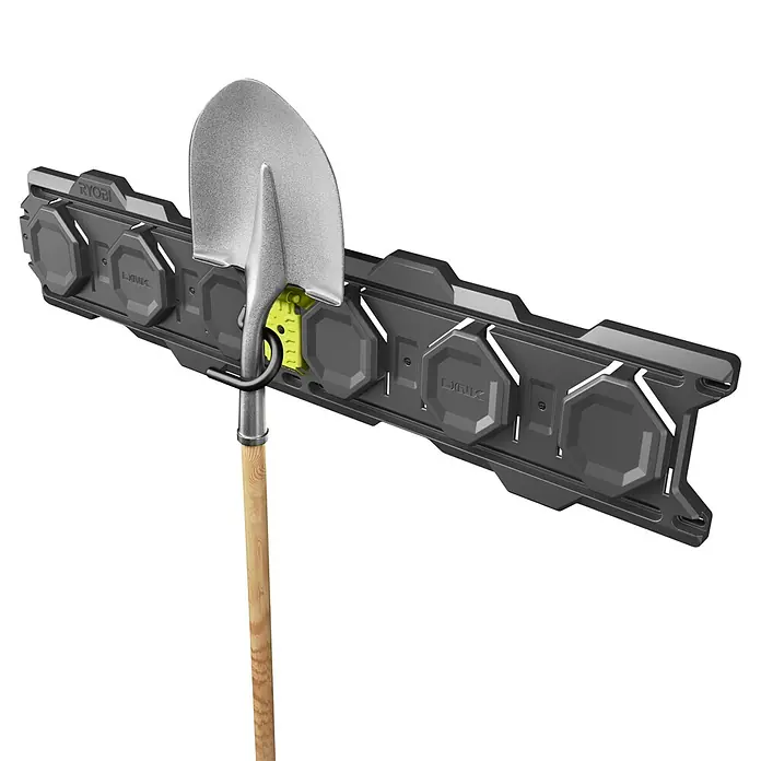 Ryobi Link Wandhalterung RSLW802 S - Größe: S, Passend für: Ryobi ONE+ Sortiment - Ryobi Link Werkzeugaufbewahrungssystem mit einer Schaufel, die daran befestigt ist, ideal für die Garagenorganisation.