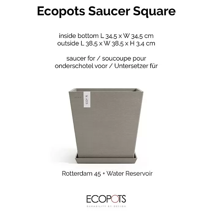 Ecopots Rotterdam Kasten-Untersetzer - 37,1 x 34,5 x 3,4 cm, Kunststoff, Braungrau - Grauer quadratischer Ecopots Pflanztopf mit passendem Untersetzer.