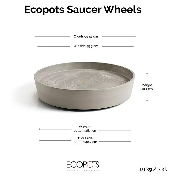 Ecopots Amsterdam Blumentopf-Untersetzer mit Rollen - Außenmaß (Ø x H): 51 x 10,1 cm, Kunststoff, Braungrau - Runde graue Ecopots Pflanzenschale.
