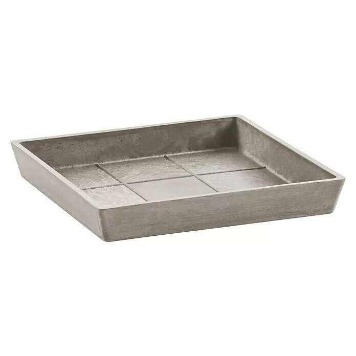 Ecopots Rotterdam Kasten-Untersetzer - 21 x 19,3 x 2,5 cm, Kunststoff, Braungrau - Grauer quadratischer Untersetzer in Zementoptik mit Entwässerungsraster.