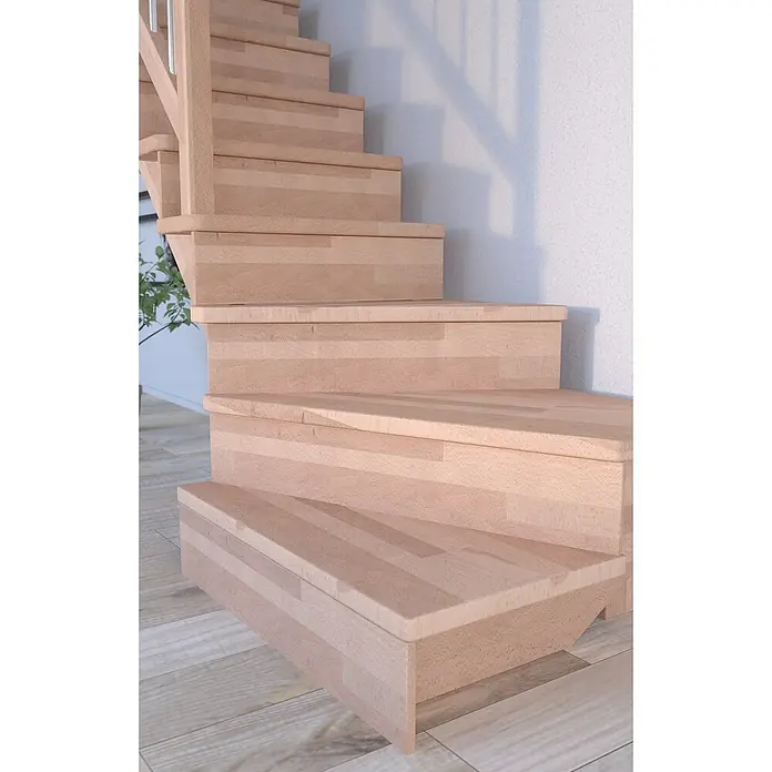 Starwood Raumspartreppe Lindos - Breite: 80 cm, Buche, Geschosshöhe: 300 cm, 1/4-gewendelt links, Montageseite Geländer: Wahlweise links/rechts, Geländer Holz/Edelstahl weiß, Mit Setzstufen - Detailaufnahme einer hellen Holztreppe, die die natürliche Maserung und die schlichte Eleganz des Designs hervorhebt.