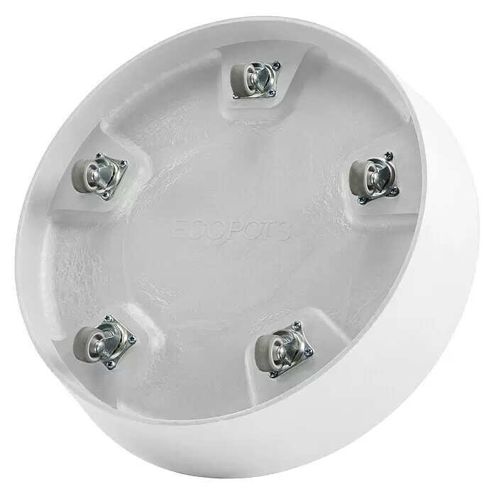 Ecopots Amsterdam Blumentopf-Untersetzer mit Rollen - Außenmaß (Ø x H): 34,1 x 9 cm, Kunststoff, Weiß - Weißer runder Pflanzenuntersetzer mit fünf Rollen an der Unterseite.