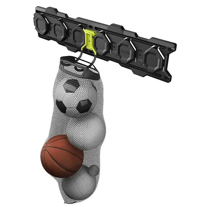 Ryobi Link Wandhalterung RSLW805 Universal - Geeignet für: Handwerkzeuge, Passend für: Ryobi ONE+ Sortiment - Ryobi Link Hängesystem mit einem Netzbeutel voller Bälle. Ideal für die Organisation von Sportgeräten in der Garage.