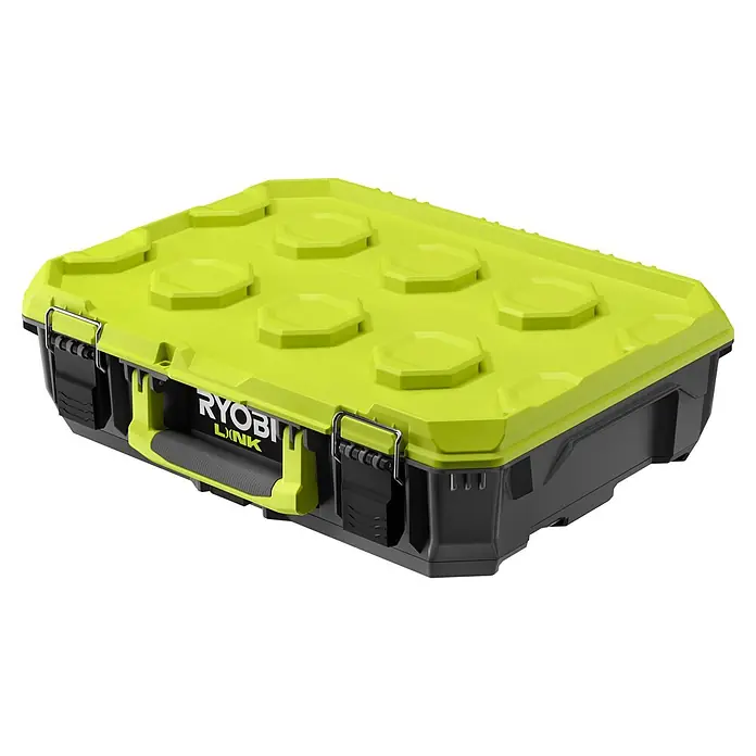 Ryobi Link Werkzeugkasten RSL101 - Kunststoff, Fassungsvermögen: 19 l, Höhe: 15 cm - Das Bild zeigt eine Werkzeugkiste von Ryobi LINK in Schwarz und Limettengrün mit stabilen Verschlüssen und einem Tragegriff.