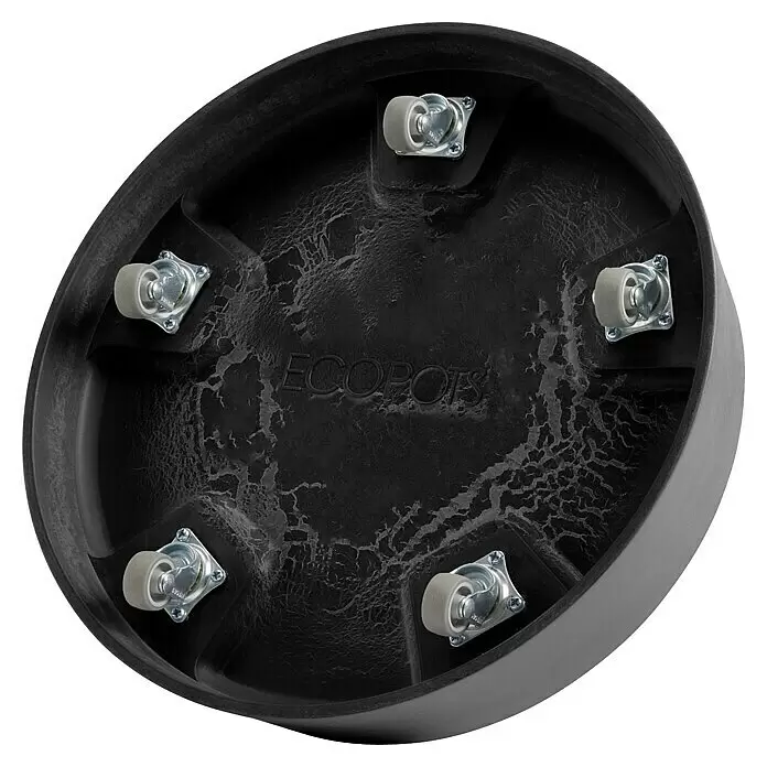 Ecopots Oslo Blumentopf-Untersetzer mit Rollen - Außenmaß (Ø x H): 32,2 x 8,5 cm, Kunststoff, Dunkelgrau - Unterseite eines dunkelgrauen, strukturierten Blumentopfs mit fünf grauen Rollen für leichte Bewegung. „ECOPOTS“ auf dem Boden geprägt.