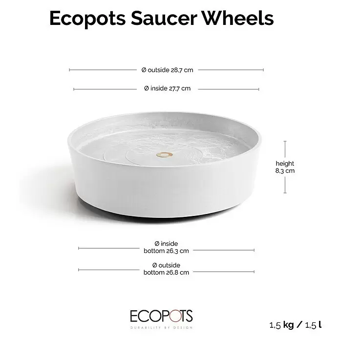 Ecopots Amsterdam Blumentopf-Untersetzer mit Rollen - Außenmaß (Ø x H): 28,7 x 8,3 cm, Kunststoff, Weiß - Weiße Ecopots Untersetzer Rollen, ein runder Blumentopf-Untersetzer mit Maßen: oberer Durchmesser 28,7 cm, Höhe 8,3 cm, Bodendurchmesser 26,8 cm.