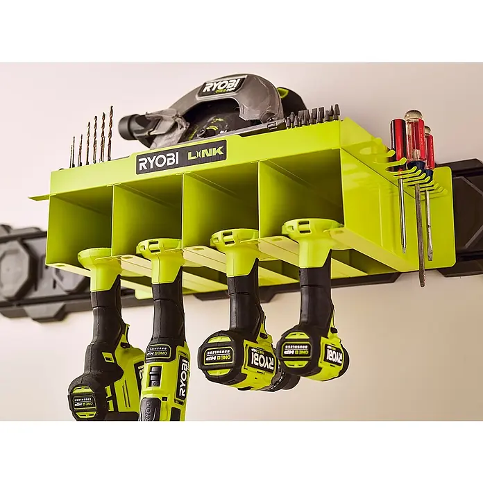 Ryobi Link Wandhalterung RSLW401 - L x B x H: 28 x 14,5 x 53,5 cm - Ryobi LINK-Werkzeugaufbewahrung mit Bohrmaschinen, Säge, Schraubendrehern und Bohrern für eine organisierte Werkstatt.