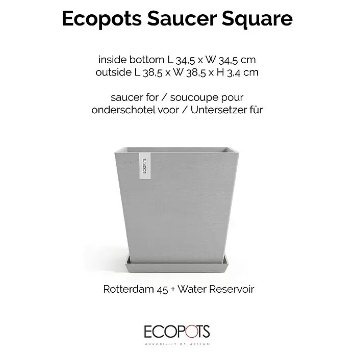 Ecopots Rotterdam Kasten-Untersetzer - 37,1 x 34,5 x 3,4 cm, Kunststoff, Weißgrau - Hellgrauer Ecopots quadratischer Pflanztopf mit passendem Untersetzer, für Rotterdam 45 + Wasserreservoir.
